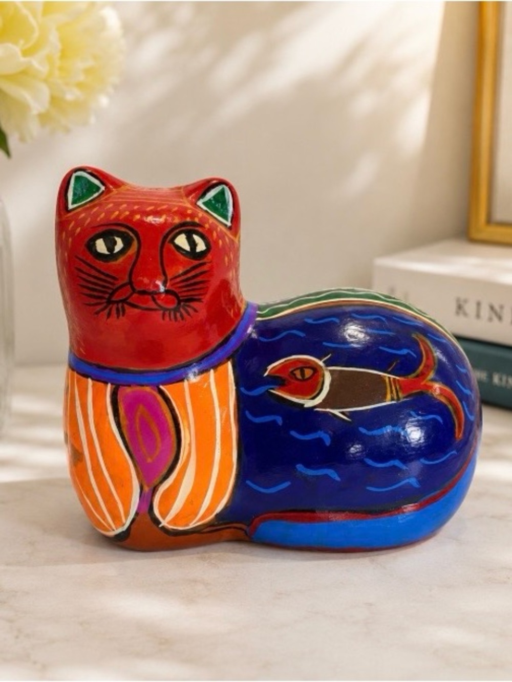 VTG Mexican Folk Art Cat Hand Painted Figurine Colorful Ceramic Pottery Red Blue